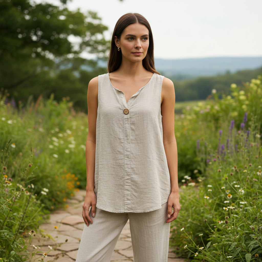 Made In Italy Stone Plain Cotton Single Button Sleeveless Vest Top - Sugarplum Boutique