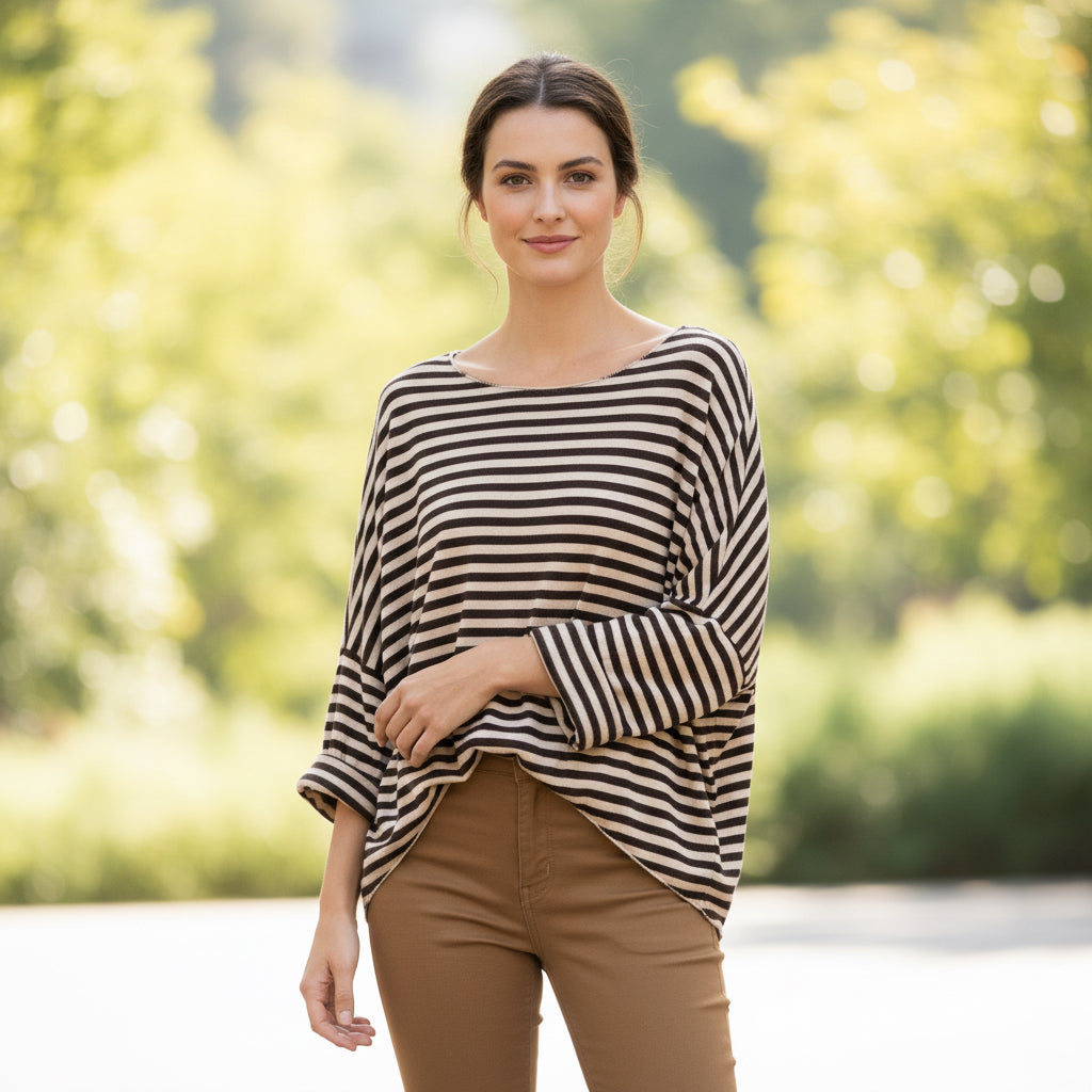 Made In Italy Striped Brown Soft Relaxed Fit Top - Sugarplum Boutique