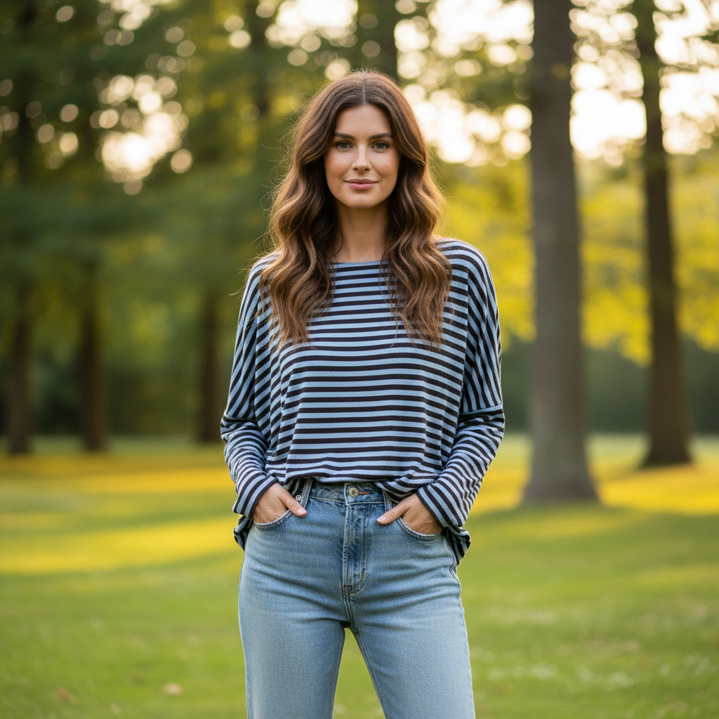 Made In Italy Striped Denim Blue Soft Relaxed Fit Top - Sugarplum Boutique