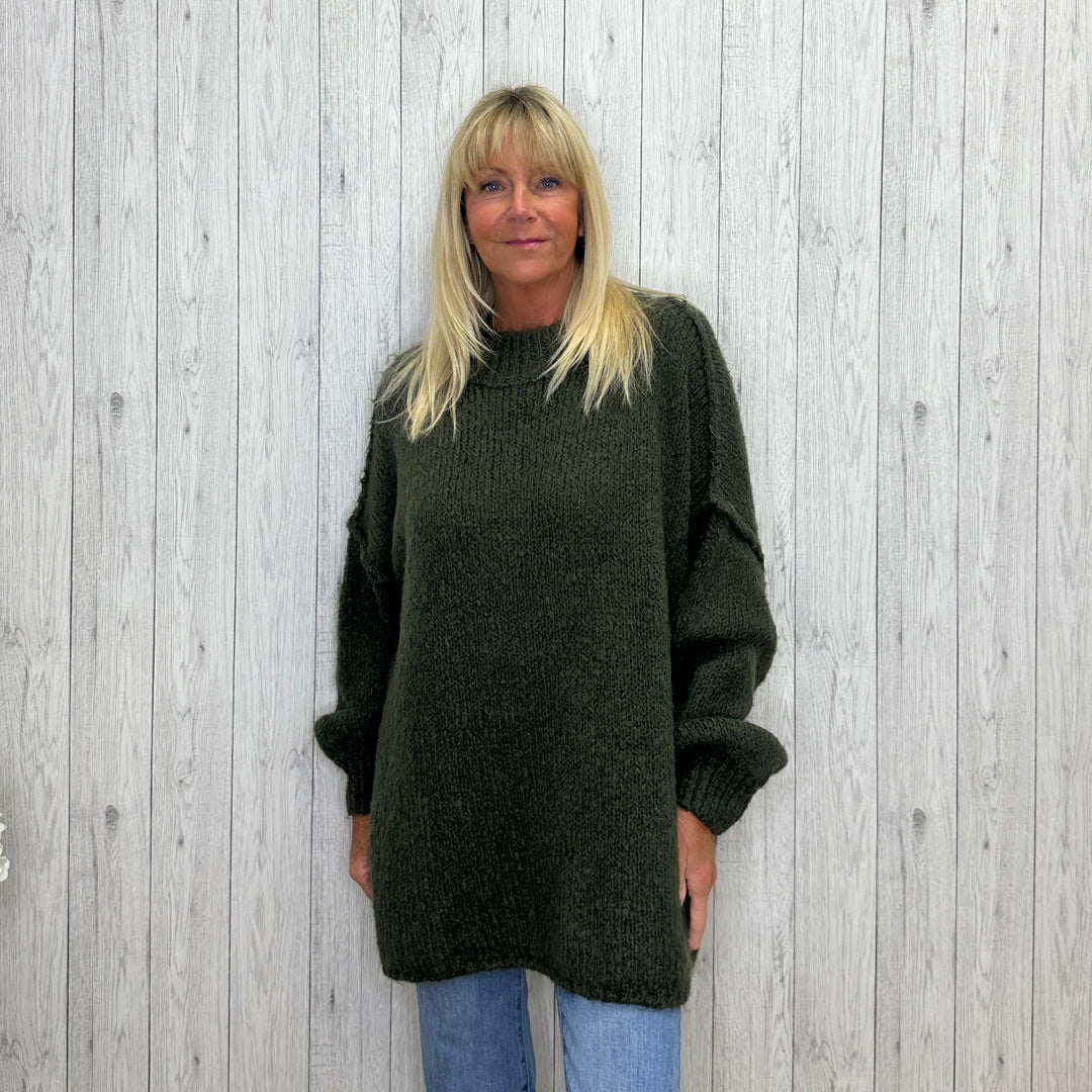 Made In Italy Sue Relaxed Fit Wool Mix Jumper Khaki Green - Sugarplum Boutique
