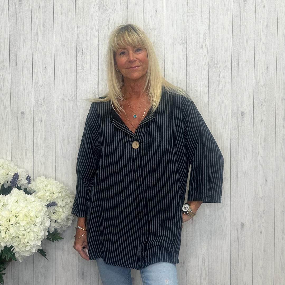 Made In Italy Sutton Striped Cotton Single Button Top Black - Sugarplum Boutique