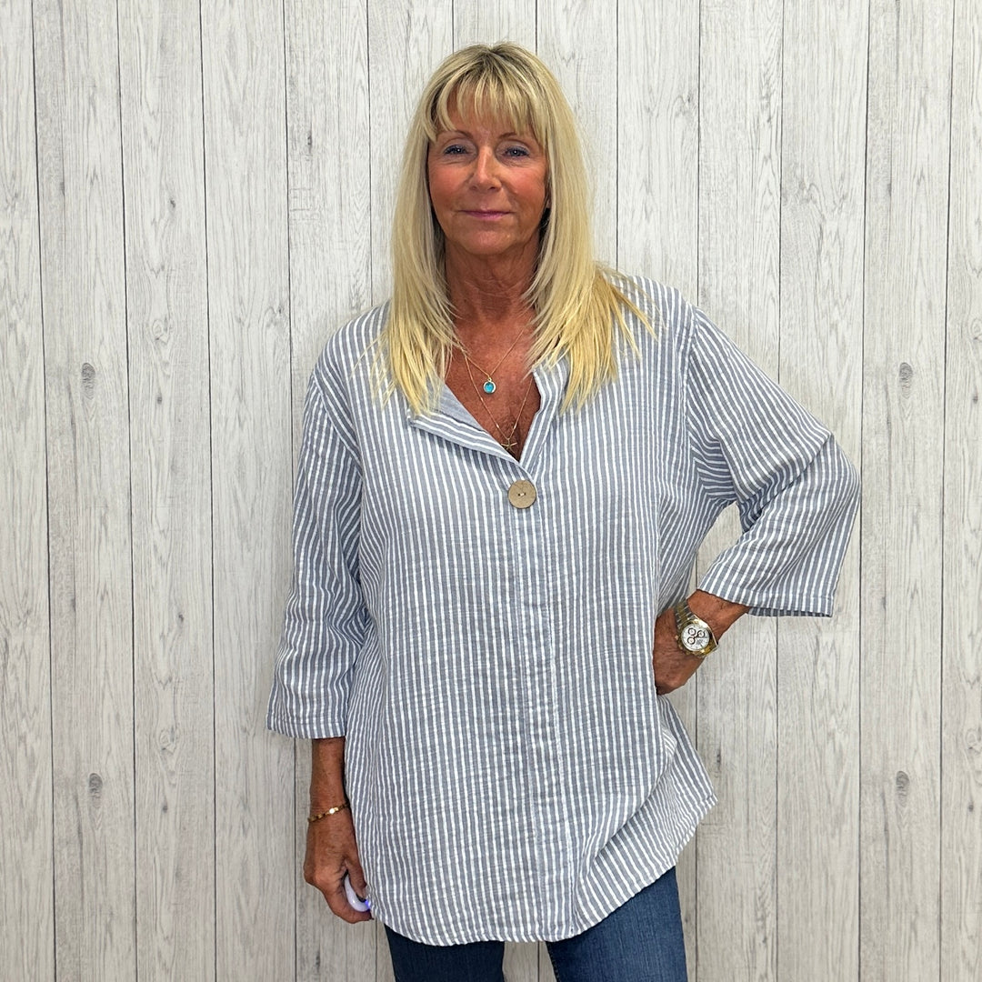 Made In Italy Sutton Striped Cotton Single Button Top Grey - Sugarplum Boutique