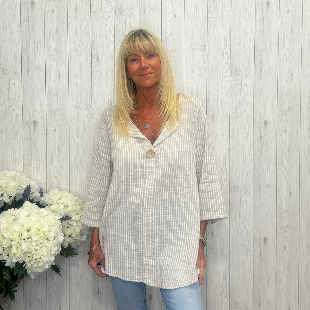Made In Italy Sutton Striped Cotton Single Button Top Stone -Sugarplum Boutique