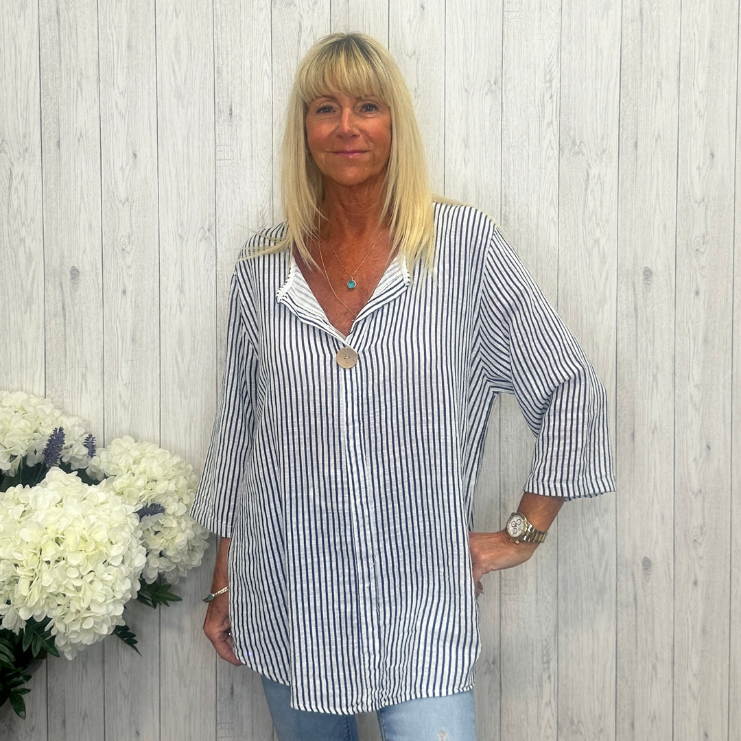 Made In Italy Sutton Striped Cotton Single Button Top White - Sugarplum Boutique