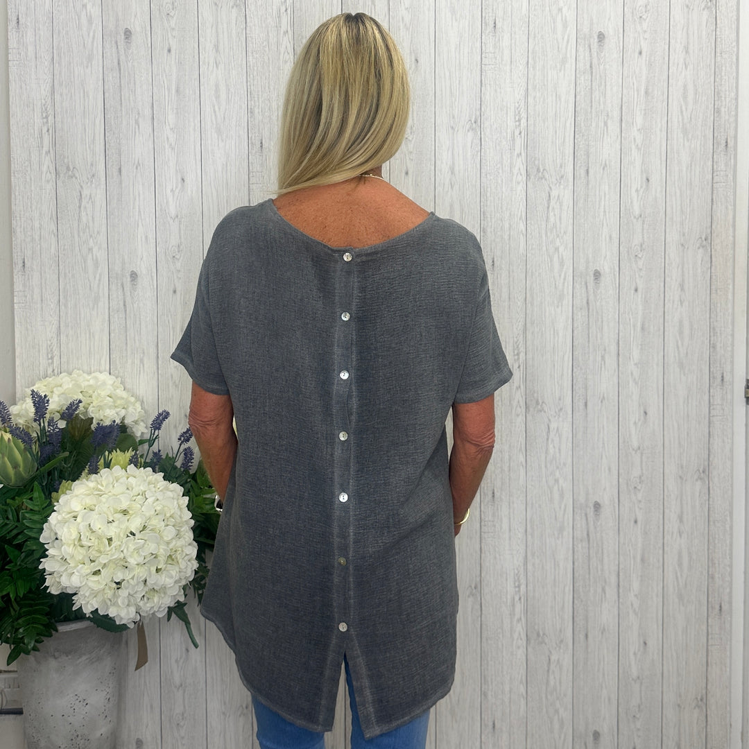 Made In Italy Tabitha Cotton Button Back Top Charcoal Grey - Sugarplum Boutique
