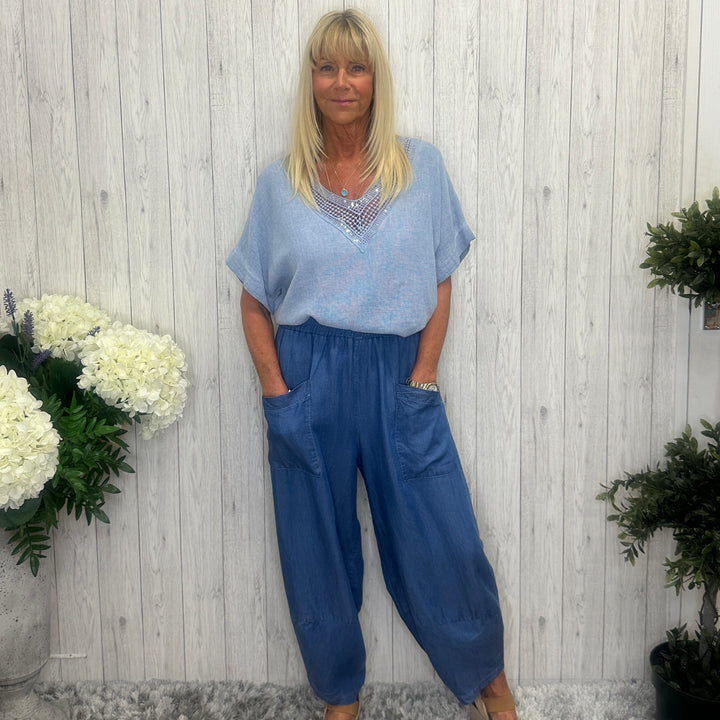 Made In Italy Tillie Tencel Harem Trousers Dark Denim - Sugarplum Boutique