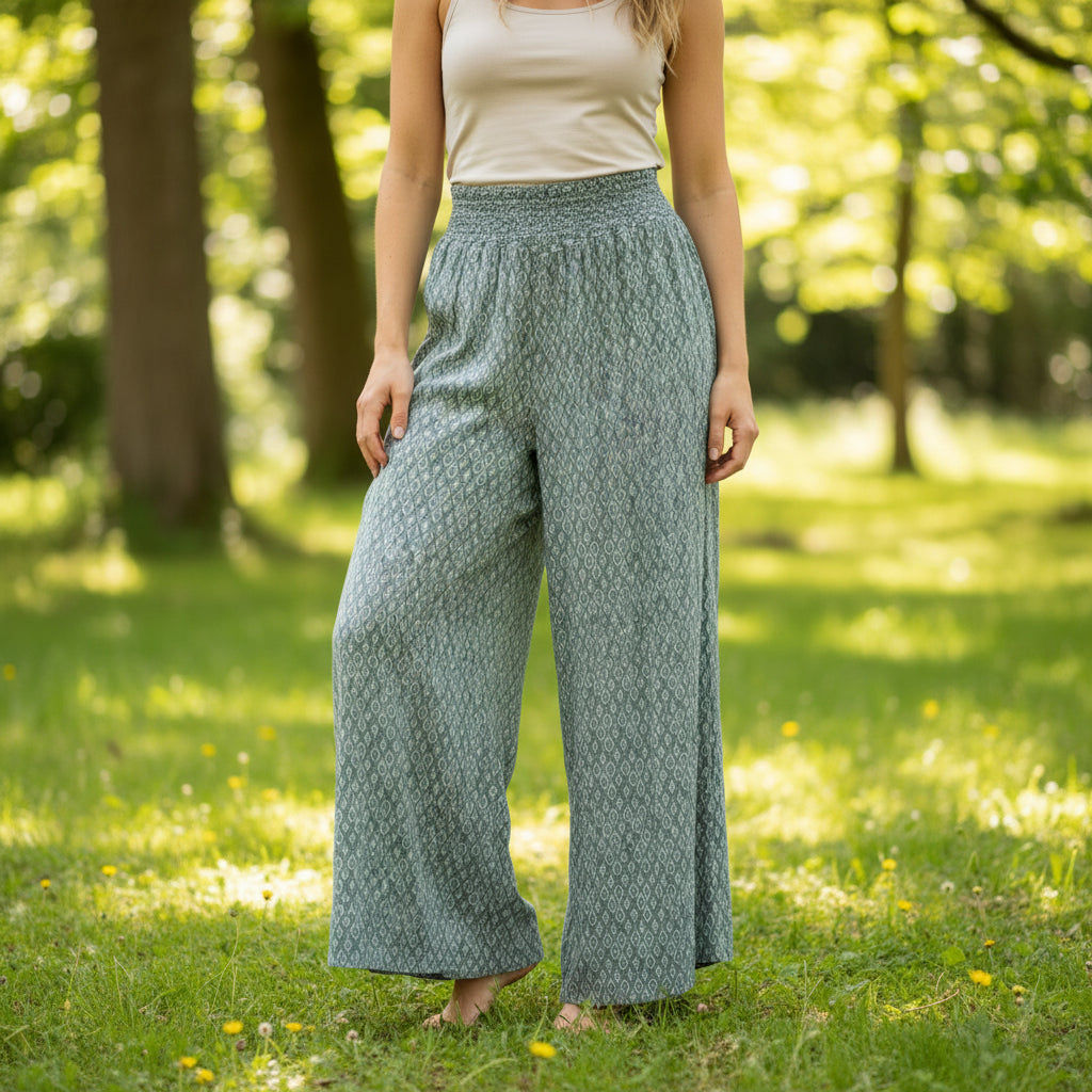 Made In Italy Tish Shirred Waist Khaki Green Wide Leg Trousers - Sugarplum Boutique