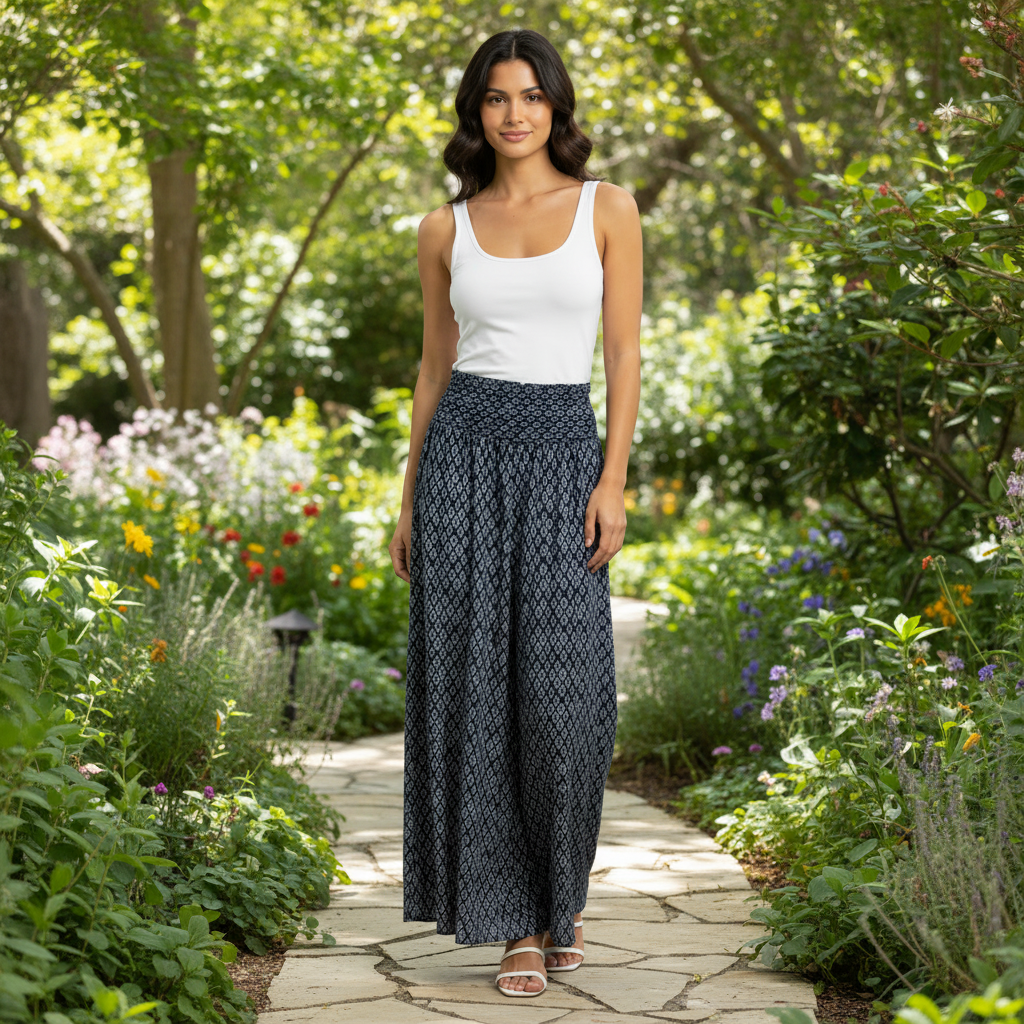 Made In Italy Tish Shirred Waist Navy Blue Wide Leg Trousers - Sugarplum Boutique
