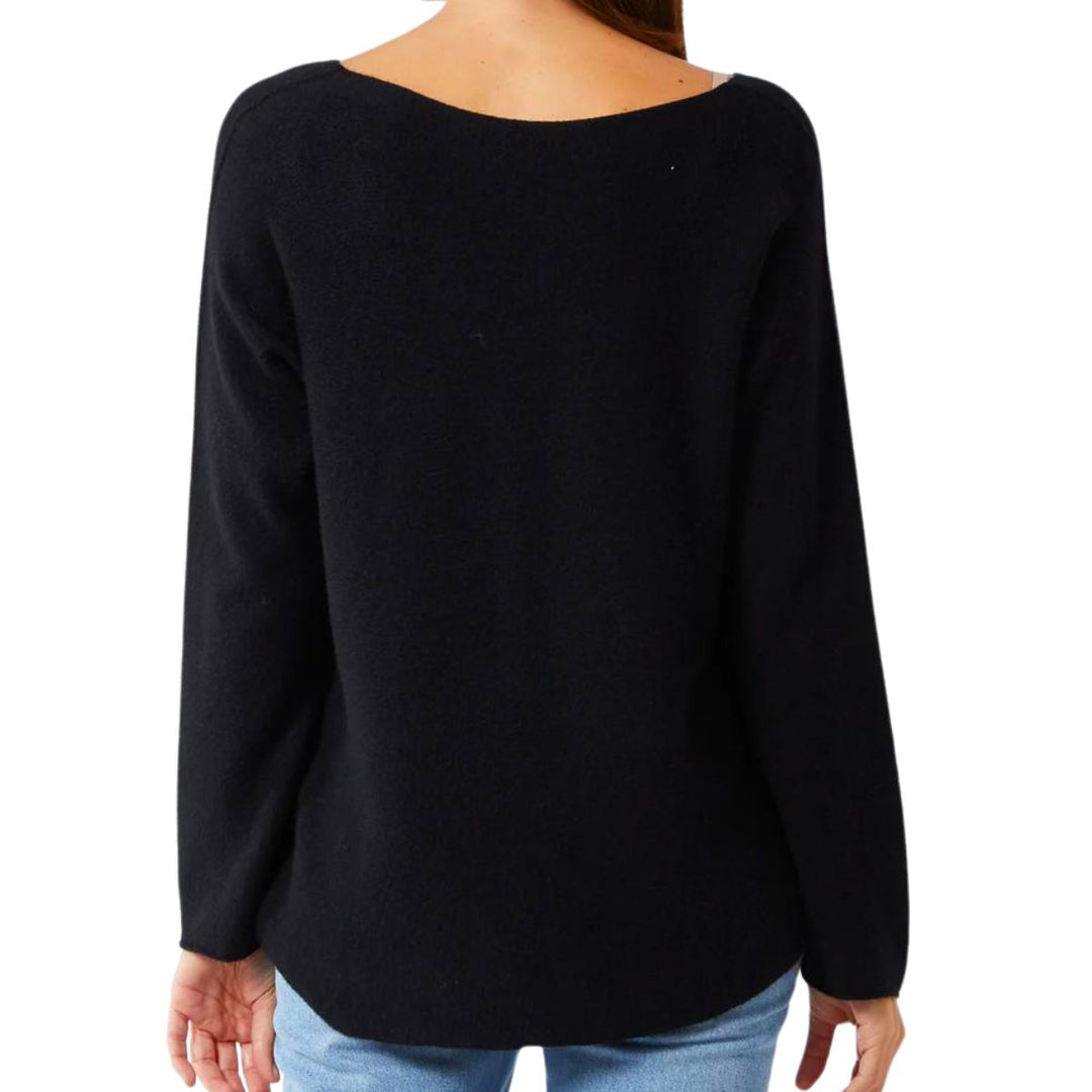 Made In Italy Vienna V Neck Jumper Seamed Arm Black - Sugarplum Boutique