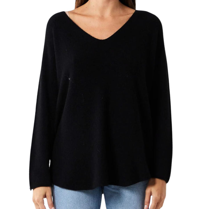 Made In Italy Vienna V Neck Jumper Seamed Arm Black - Sugarplum Boutique