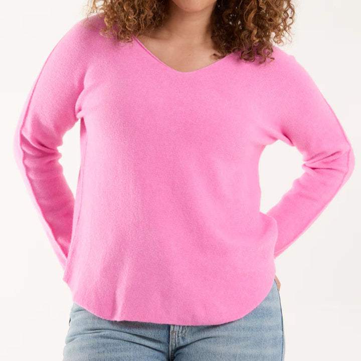 Made In Italy Vienna V Neck Jumper Seamed Arm Bubblegum Pink -Sugarplum Boutique