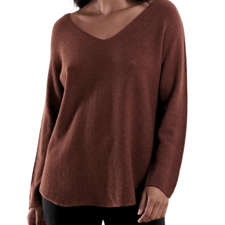 Made In Italy Vienna V Neck Jumper Seamed Arm Chocolate Brown - Sugarplum Boutique