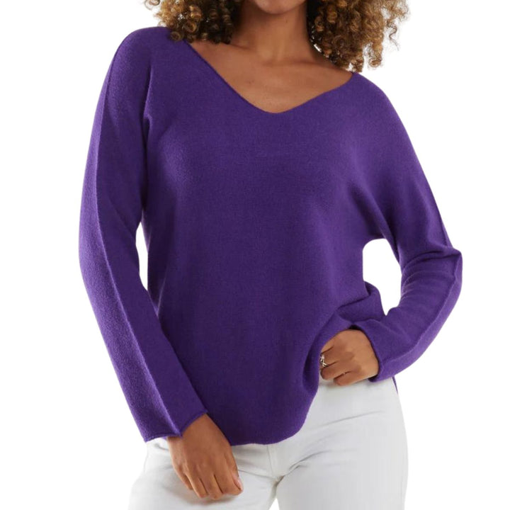 Made In Italy Vienna V Neck Jumper Seamed Arm Purple - Sugarplum Boutique