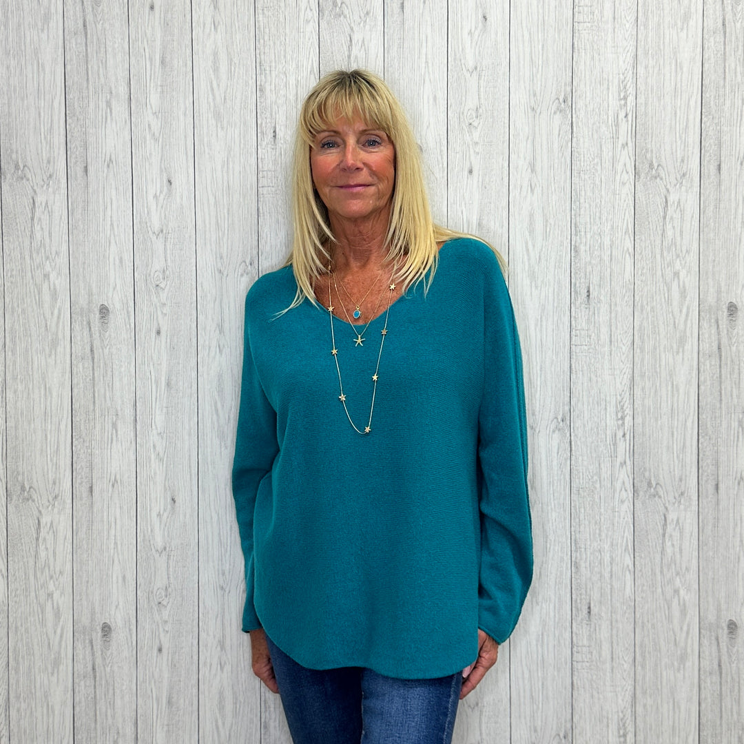 Made In Italy Vienna V Neck Jumper Seamed Arm Teal Green - Sugarplum Boutique