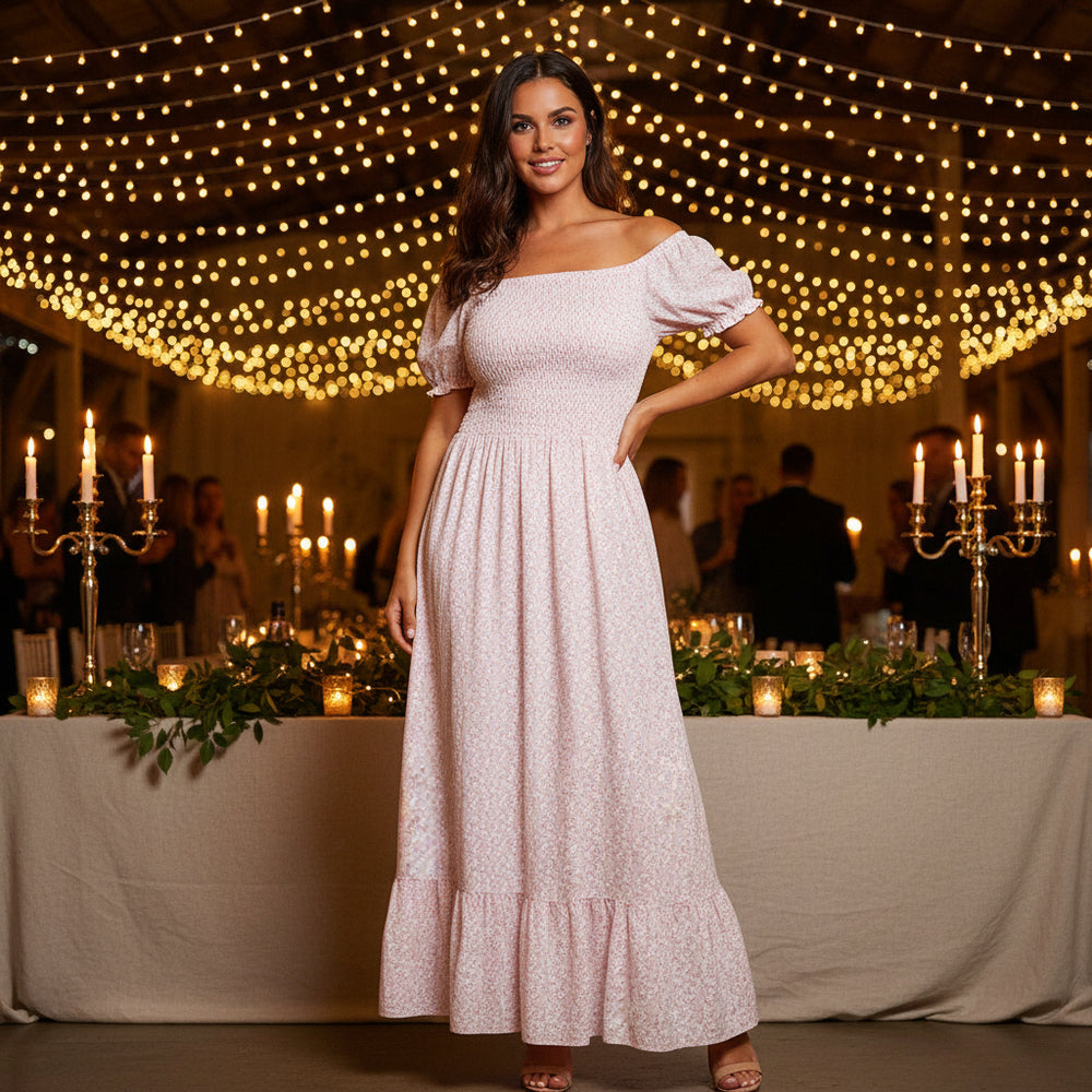 Made In Italy Vintage Pink Ditsy Flower Shirred Bardot Maxi Dress - Sugarplum Boutique