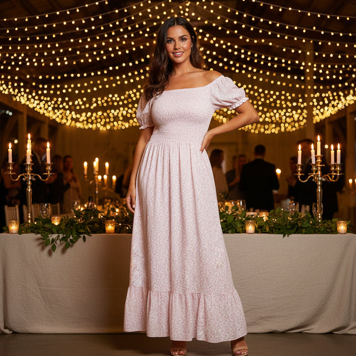 Made In Italy Vintage Pink Ditsy Flower Shirred Bardot Maxi Dress - Sugarplum Boutique