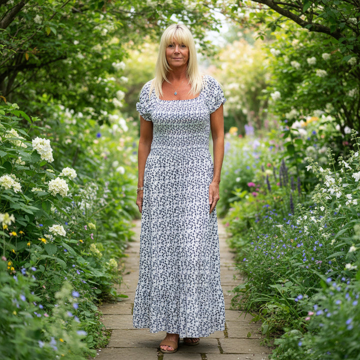 Made In Italy White Ditsy Flower Shirred Bardot Maxi Dress - Sugarplum Boutique