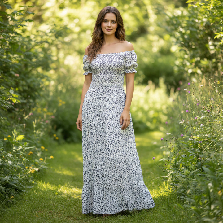 Made In Italy White Ditsy Flower Shirred Bardot Maxi Dress - Sugarplum Boutique