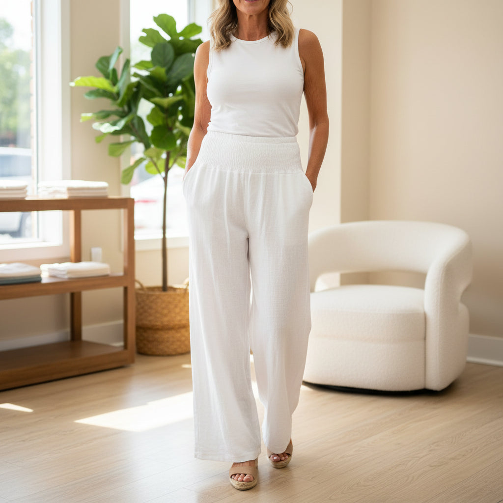 Made In Italy White Shirred Waist Wide Leg Trousers - Sugarplum Boutique