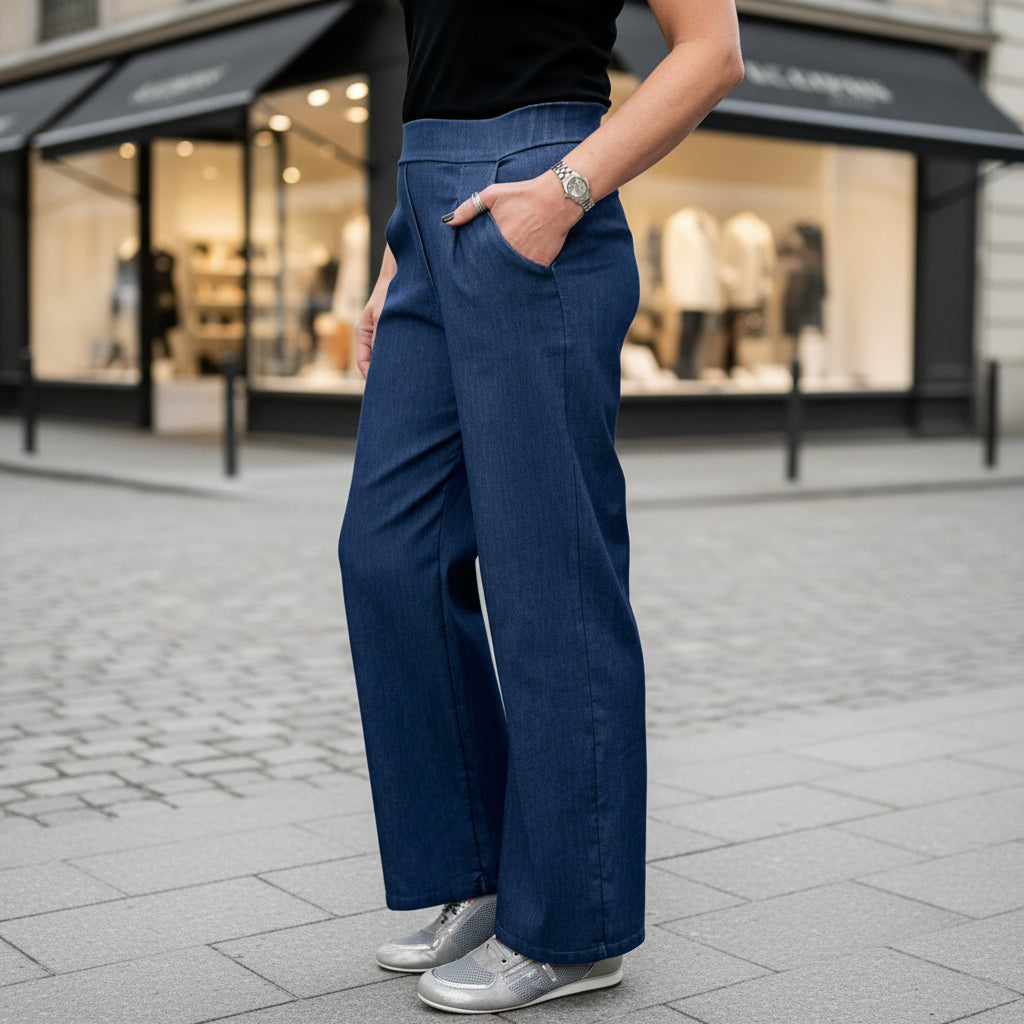Made In Italy Winnie Dark Denim Blue Wide Leg Stretch Trousers - Sugarplum Boutique