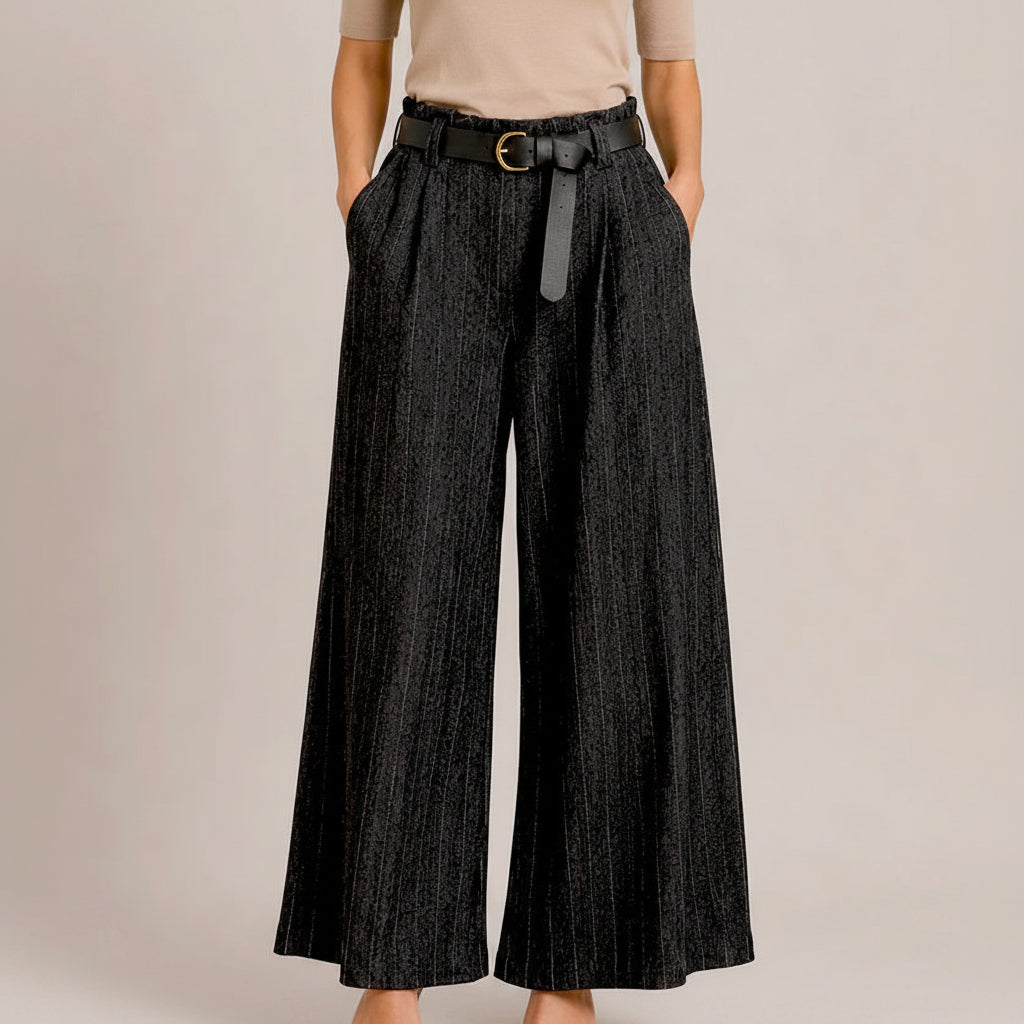 Made In Italy Winnie Herringbone Black Wide Leg Belted Magic Trousers - Sugarplum Boutique