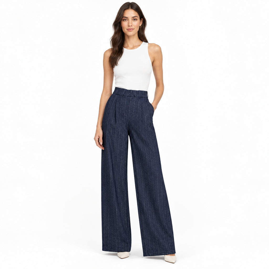 Made In Italy Winnie Herringbone Black Wide Leg Trousers - Sugarplum Boutique