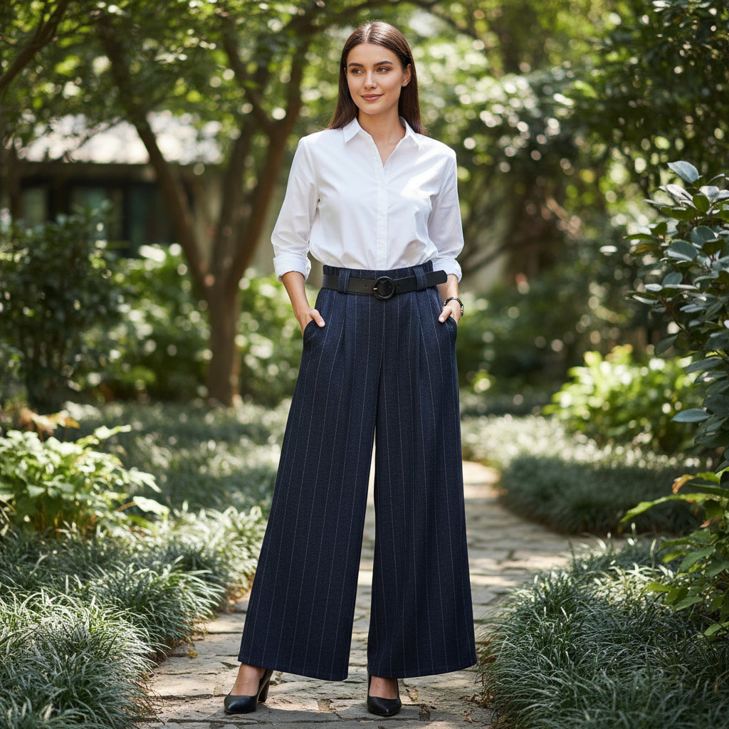Made In Italy Winnie Herringbone Navy Wide Leg Belted Magic Trousers - Sugarplum Boutique