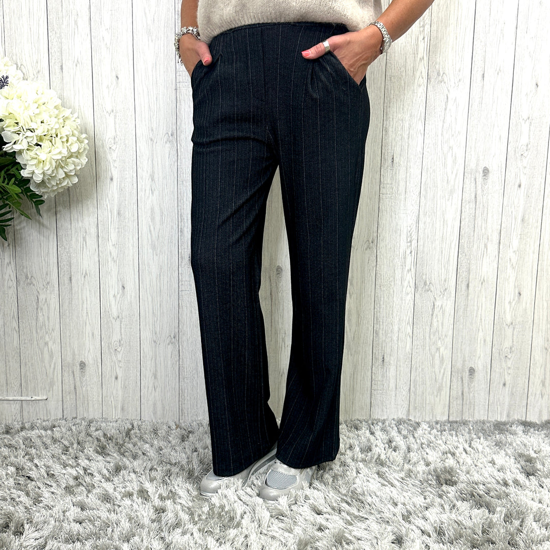 Made In Italy Winnie Herringbone Wide Leg Magic Trouser Black - Sugarplum Boutique