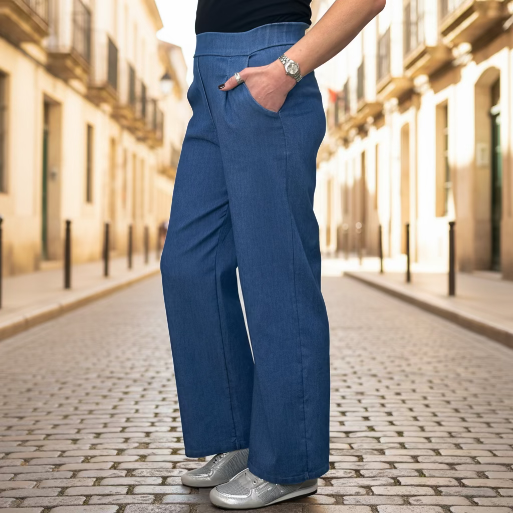Made In Italy Winnie Mid Denim Blue Wide Leg Stretch Trousers - Sugarplum Boutique