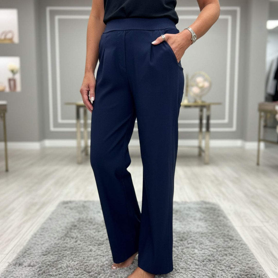 Made In Italy Winnie Navy Blue Wide Leg Stretch Magic Trousers - Sugarplum Boutique
