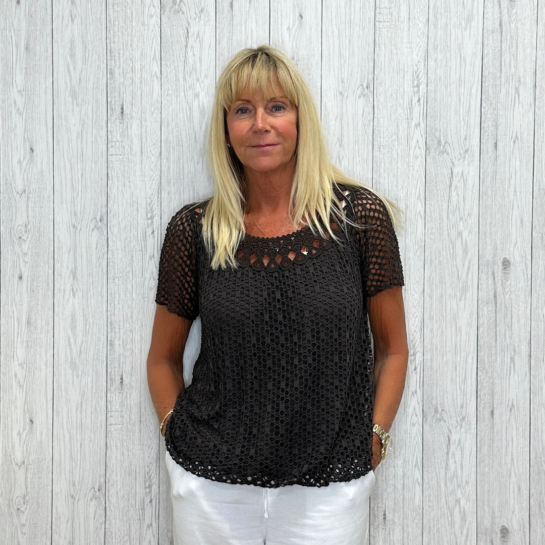 Made In Italy Zaria Crochet Style Stretchy Lined Top Chocolate brown - Sugarplum Boutique