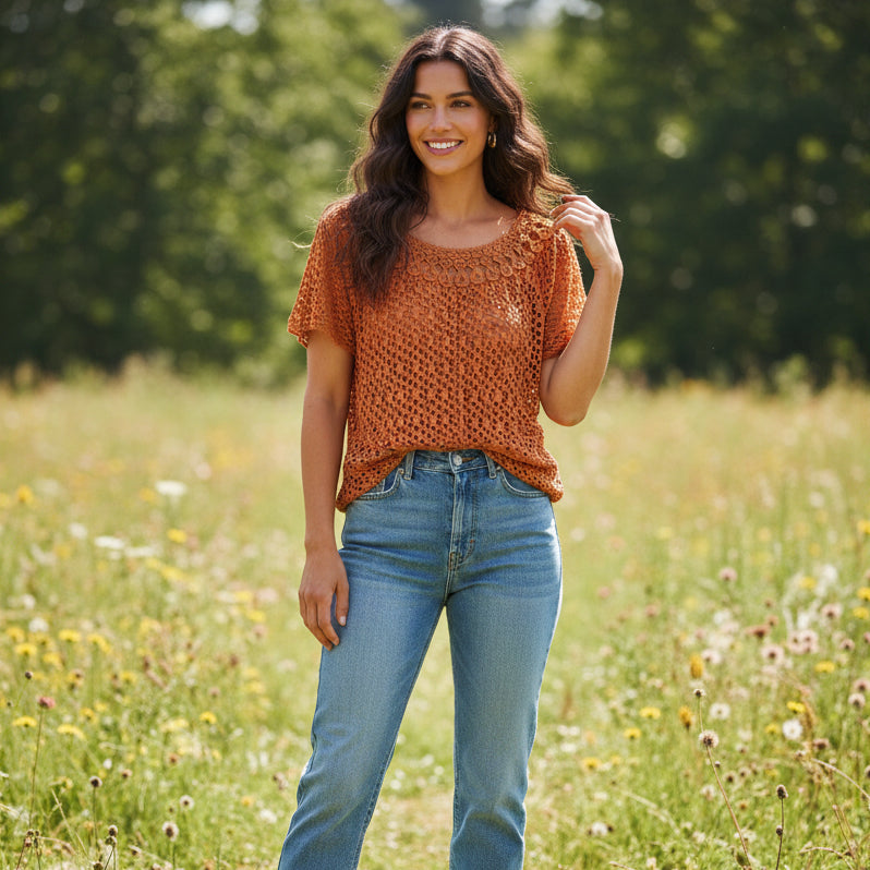 Made In Italy Zaria Crochet Style Stretchy Lined Top Rust Brown - Sugarplum Boutique