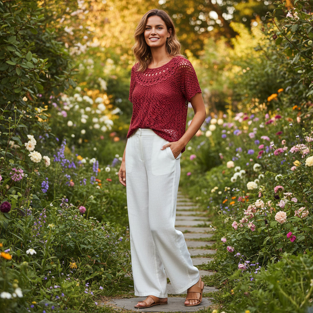 Made In Italy Zaria Crochet Style Stretchy Lined Top Wine Red -Sugarplum Boutique