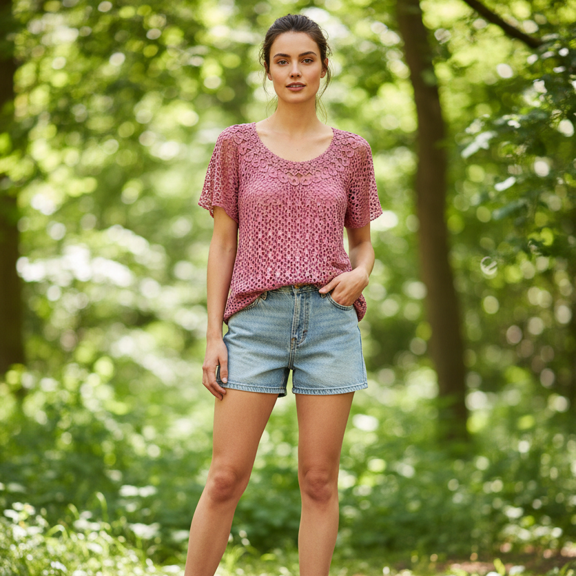 Made In Italy Zaria Dusky Pink Crochet Style Stretchy Lined Top - Sugarplum Boutique