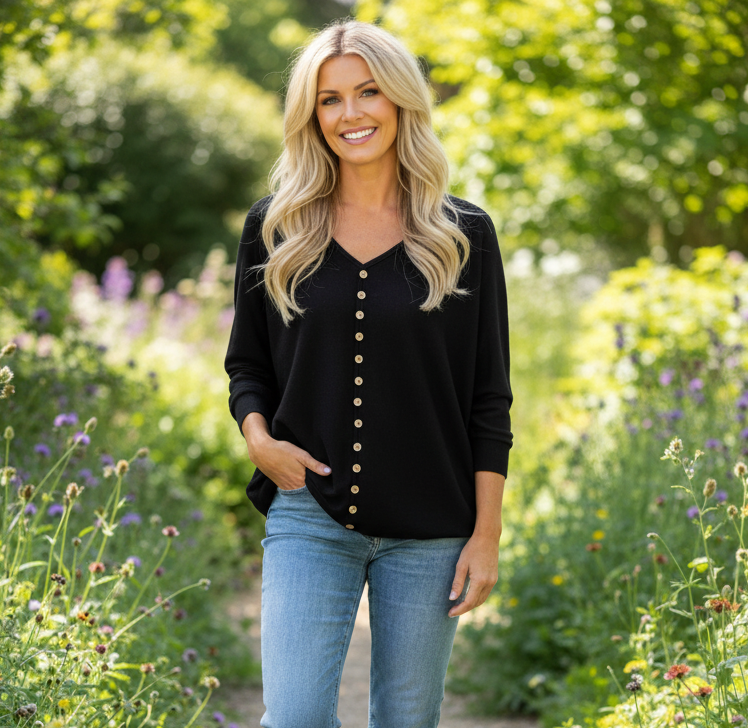 Made In Italy Zuzu Black Button Front Relaxed Fit Top - Sugarplum Boutique