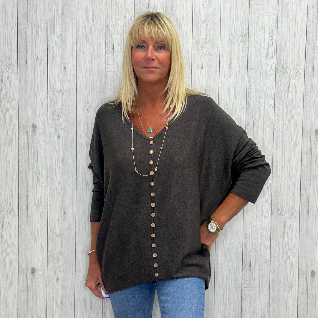 Made In Italy Zuzu Button Front Relaxed Fit Top Chocolate Brown - Sugarplum Boutique