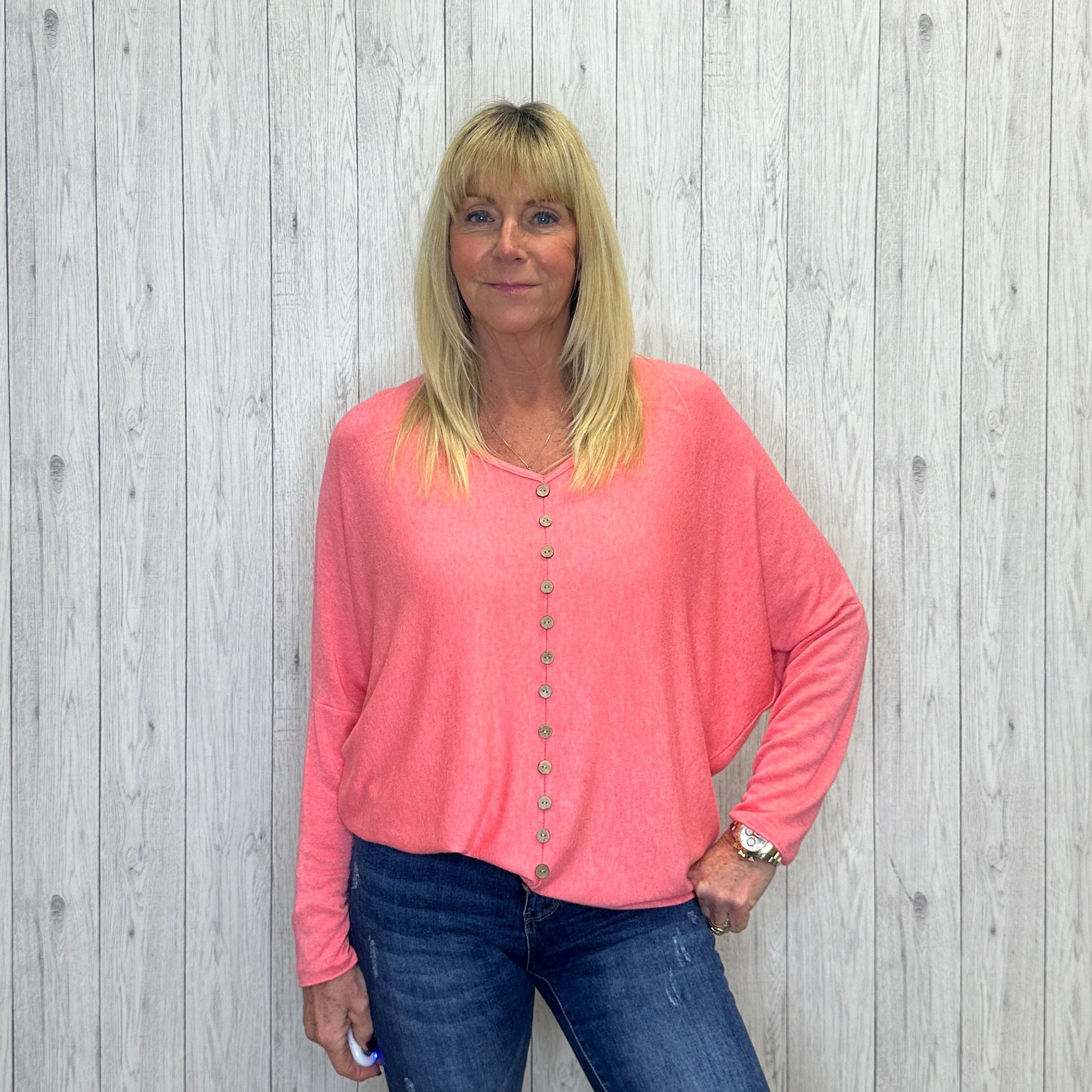 Made In Italy Zuzu Button Front Relaxed Fit Top Coral - Sugarplum Boutique