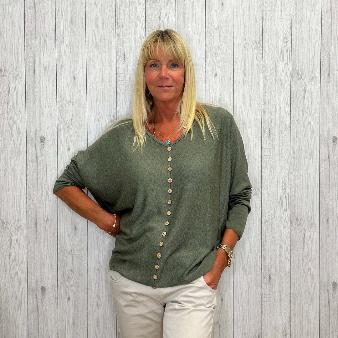 Made In Italy Zuzu Button Front Relaxed Fit Top Khaki Green -  Sugarplum Boutique