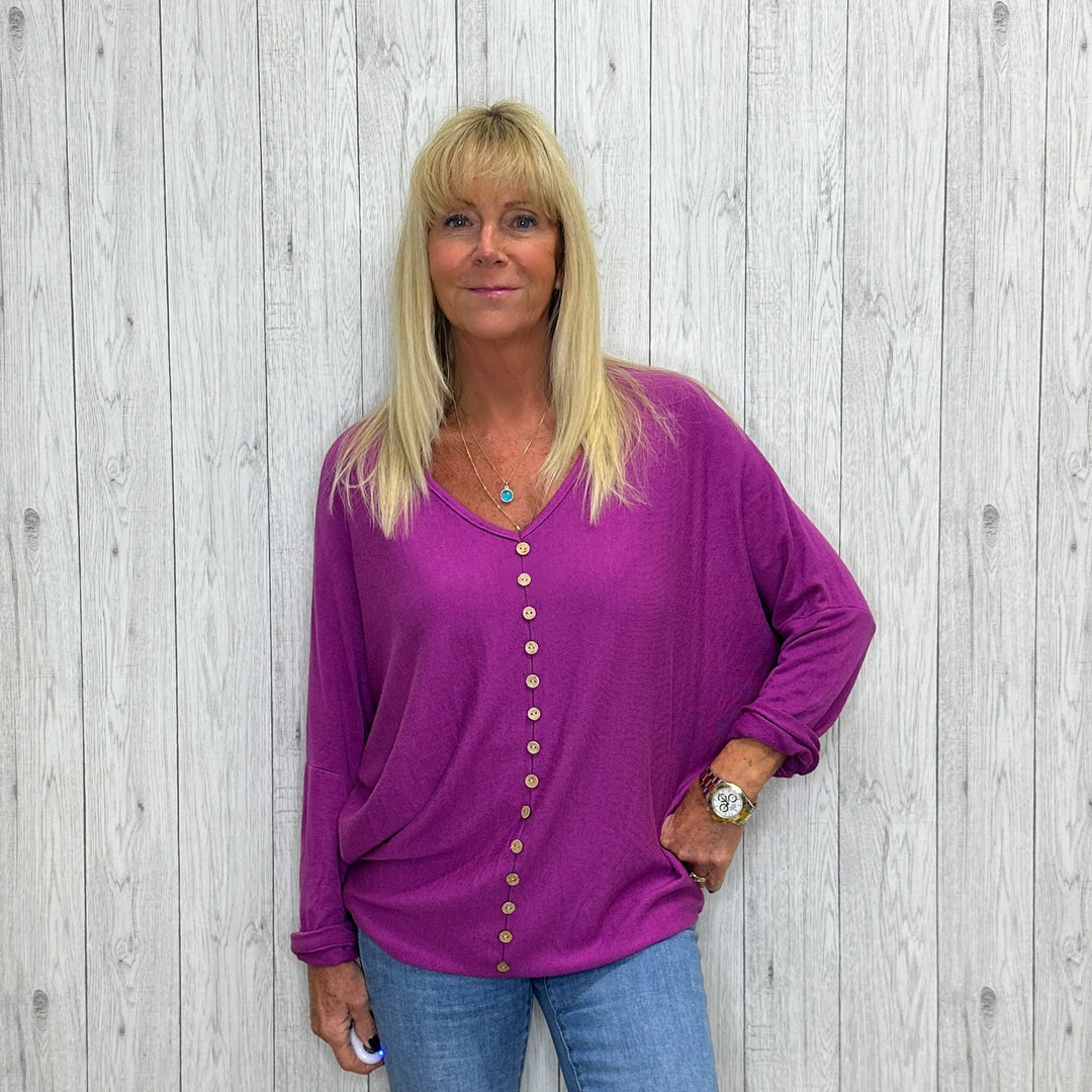 Made In Italy Zuzu Button Front Relaxed Fit Top Magenta Pink - Sugarplum Boutique