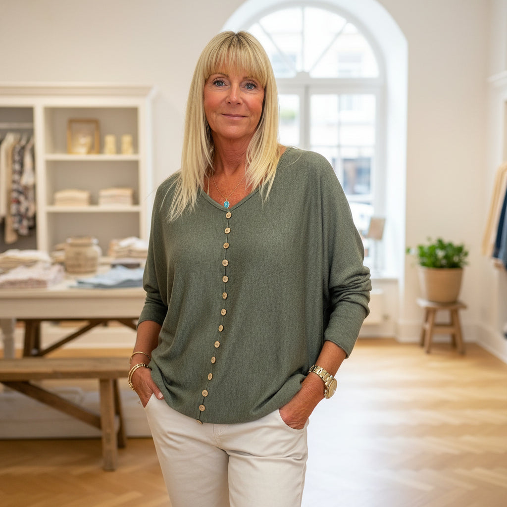 Made In Italy Zuzu Khaki Green Button Front Relaxed Fit Top -  Sugarplum Boutique