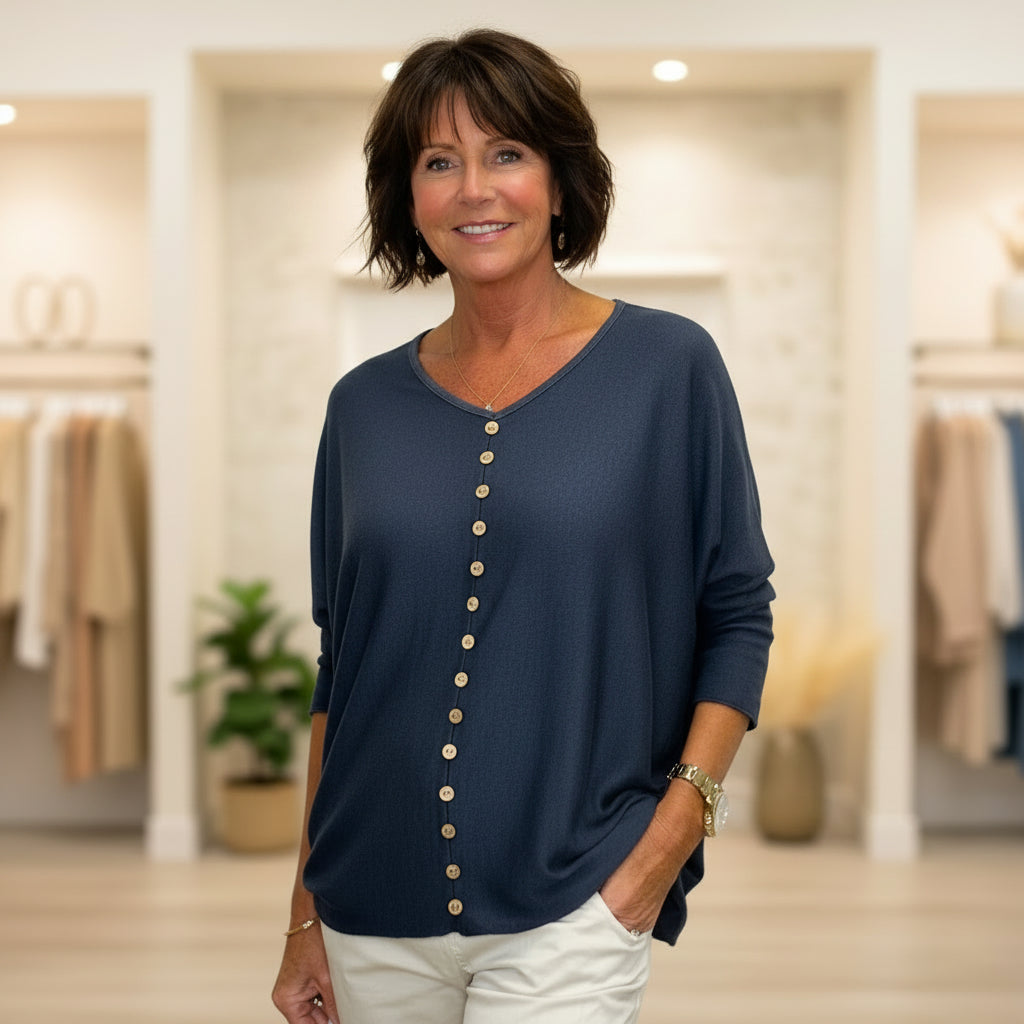 Made In Italy Zuzu Navy Blue Button Front Relaxed Fit Top - Sugarplum Boutique