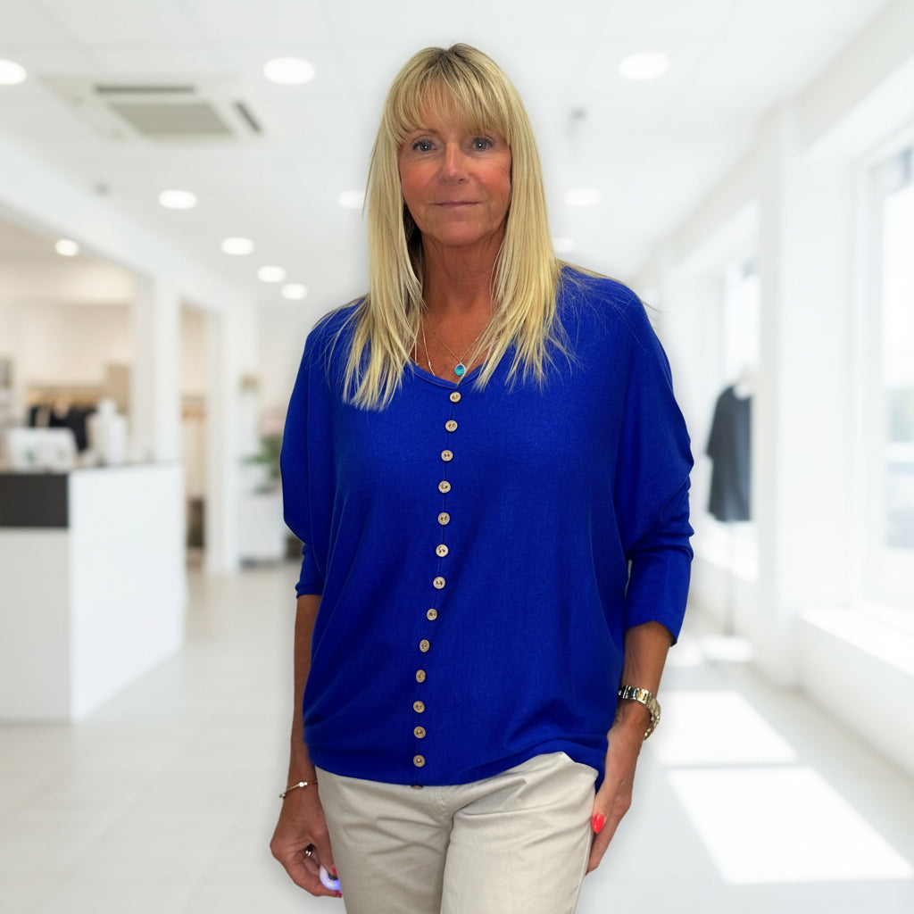 Made In Italy Zuzu Royal Blue Button Front Relaxed Fit Top - Sugarplum Boutique
