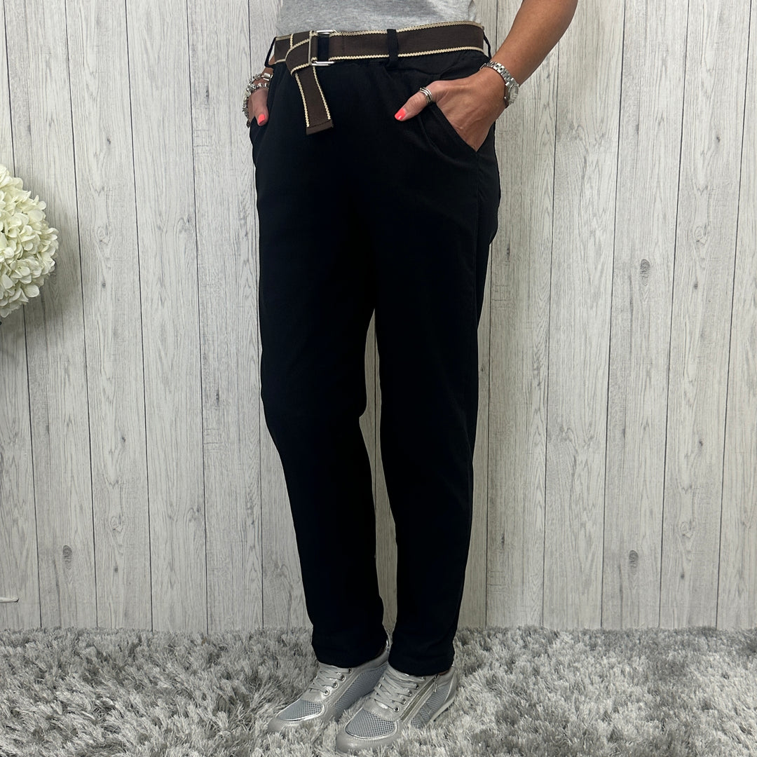 Made in Italy Brooke Belted Stretch Magic Trousers Black - Sugarplum Boutique