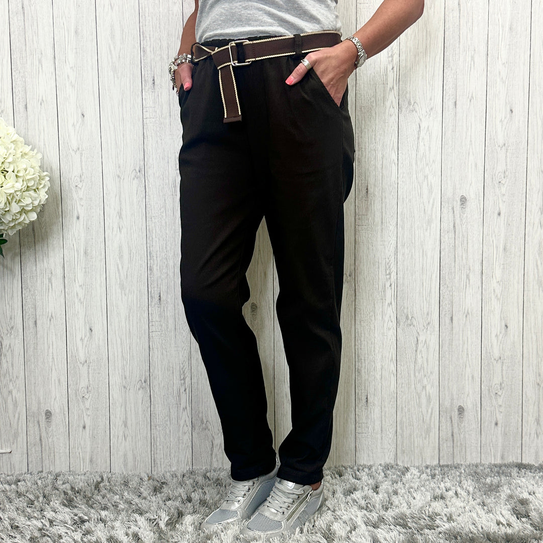 Made in Italy Brooke Belted Stretch Magic Trousers Chocolate Brown - Sugarplum Boutique