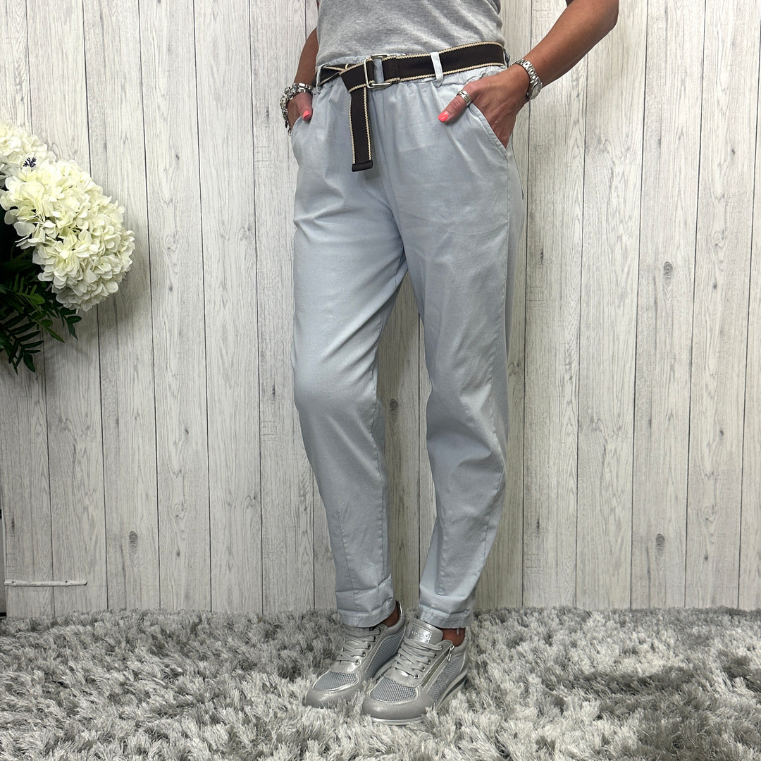 Made in Italy Brooke Belted Magic Trousers Stretch Fabric Light Grey - Sugarplum Boutique
