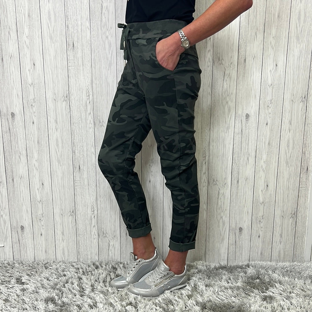 Made in Italy  Eva Magic Camouflage Trousers Charcoal Grey - Sugarplum Boutoique