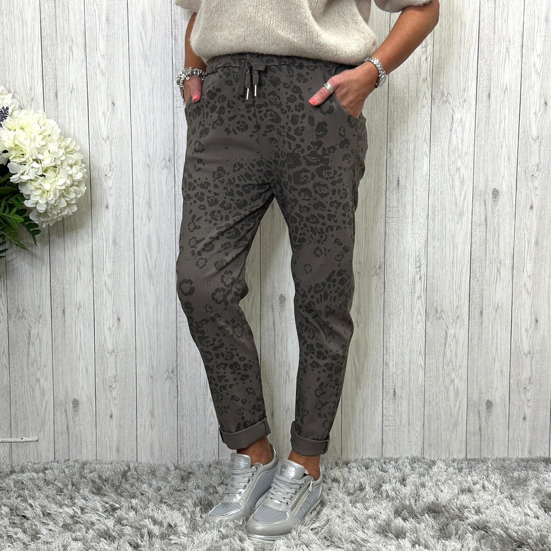 Made in Italy Floral Animal Print Magic Trousers Mocha Brown - Sugarplum Boutique