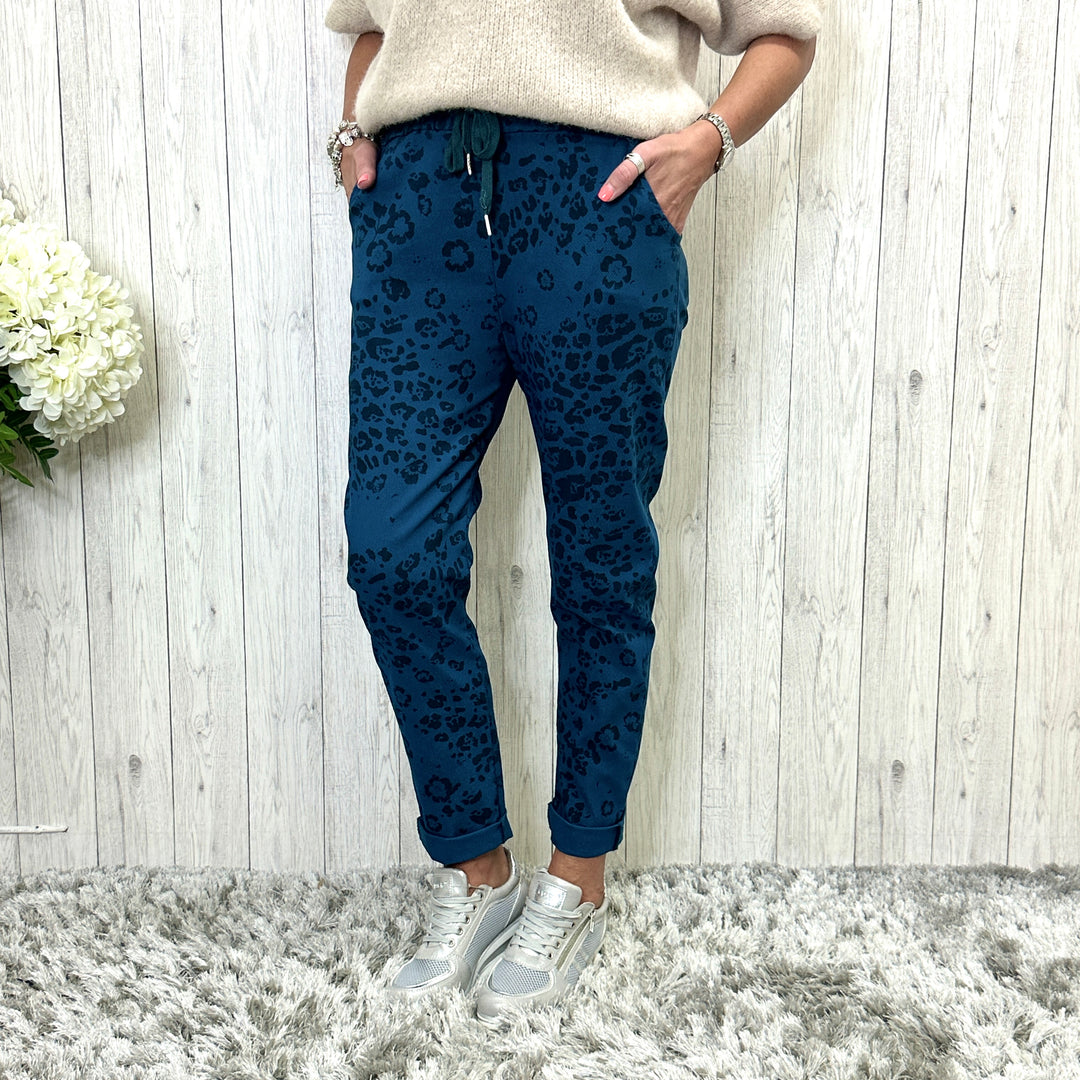 Made in Italy Floral Animal Print Magic Trousers Teal Green