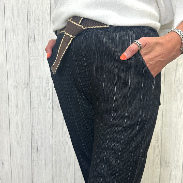 Made in Italy Herringbone Striped Trouser Black - Sugarplum Boutique