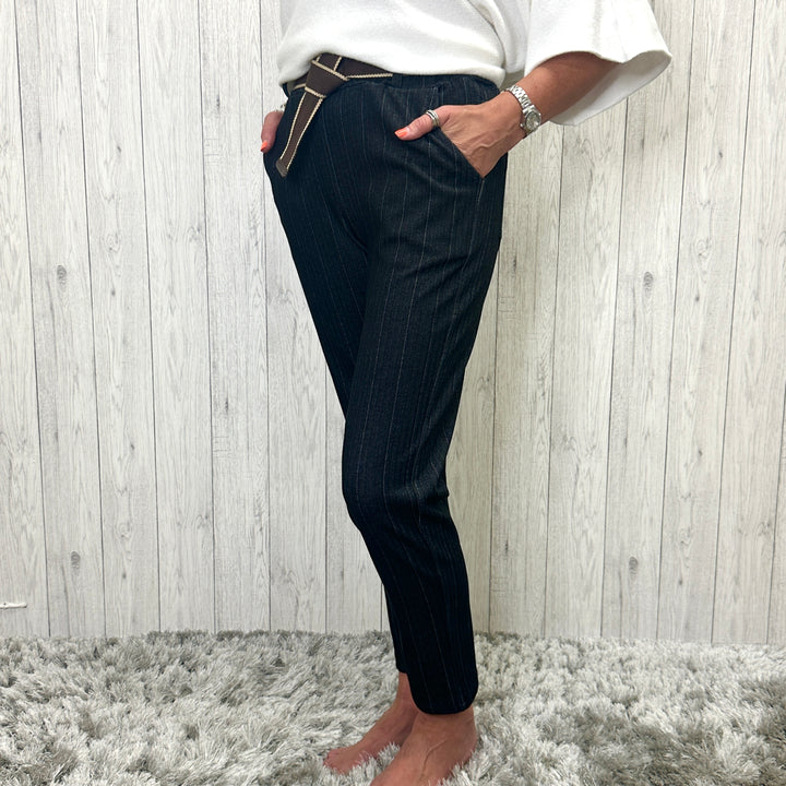 Made in Italy Herringbone Striped Trouser Black - Sugarplum Boutique